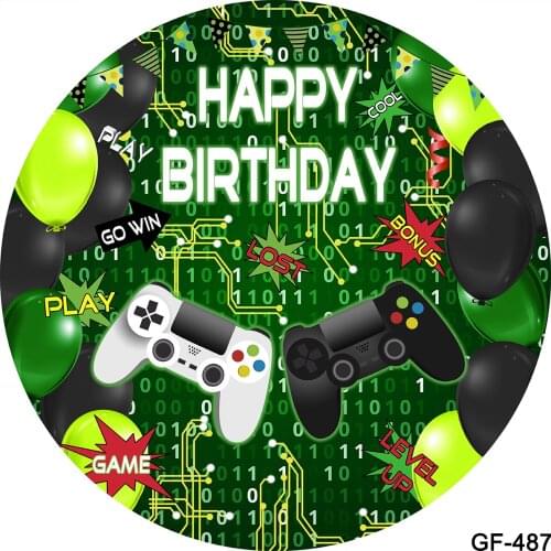 Game on Theme Round Backdrop Happy Birthday Black Green Balloons Boy Party Decor Custom Personalized Background