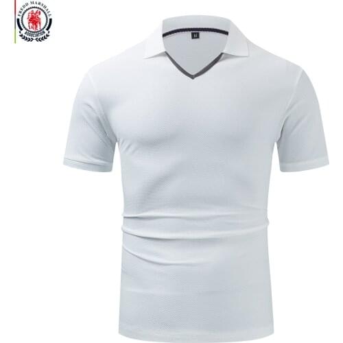 FREDD MARSHALL 2020 New V-Neck Polo Shirt Men 100% Cotton Casual Solid Color Polo Shirt Short Sleeve Basic Polo Shirt Tops 572