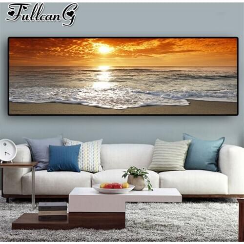 FULLCANG Sunset golden seascape diy 5d diamond painting full square round embroidery large mosaic needlework decoration FC2573