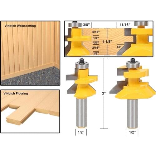 2pcs/lot 1/2 Matched Tongue & Groove V- Notch Router Bit Set Wooden CNC endmill Door Construction