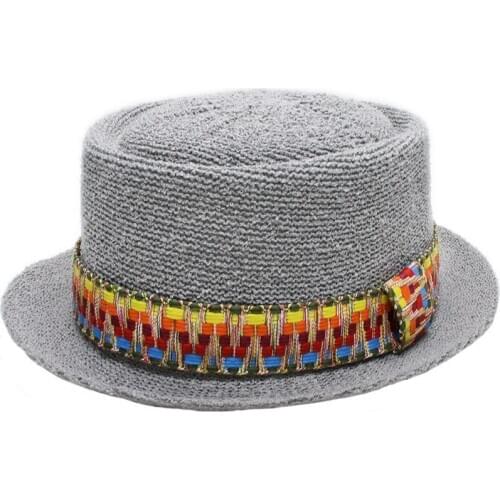 LUCKYLIANJI PorkPie Womens Mens Unisexs Polyester Dome Flat Cap Sun Beach Jazz Pork-pie Hat Vintage Braided Band (56-58cm)