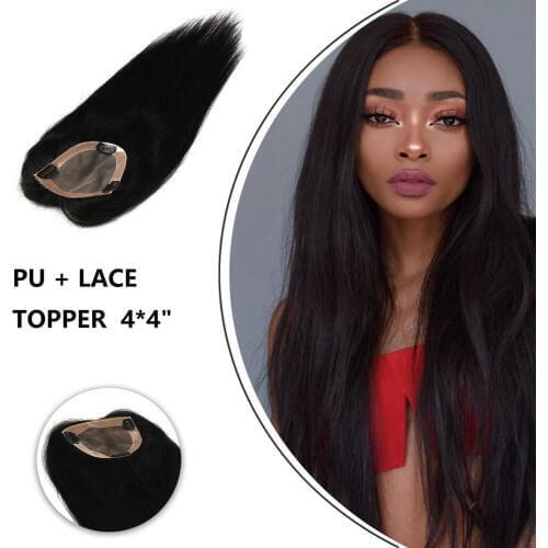 MW 3 Clips On Hair Topper Piece 4*4" PU + Lace Straight Remy Human Hair Wigs 16" 18" 20" Natural Color Topper Wig For Women
