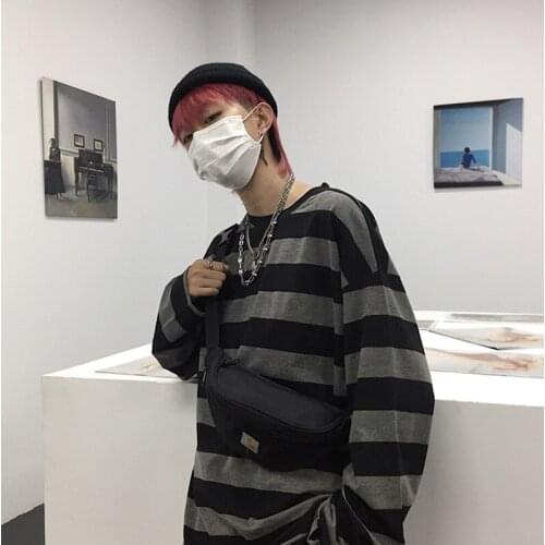 2021 New Autumn T-shirt mens pullover Version of Harajuku Style Color Matching Striped Top Mid-Length Loose long-sleeved for men