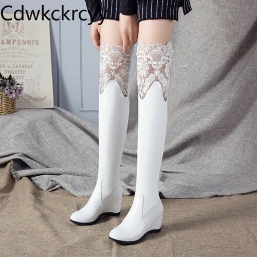 Winter The New fashion Round head Increase within Over the knee Boots Lace Sexy Plus velvet Keep warm High heel Women boots