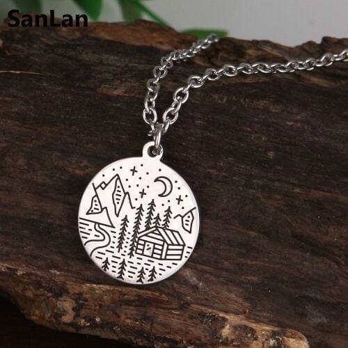 SanLan 12pcs stainless steel Hiking nature necklace moon house Nature Jewelry, Wilderness Jewelry Woodland Jewelry