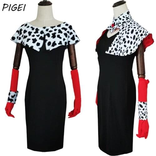 Movie Cruella De Vil Cosplay Costumes Dress Shawl Gloves Suits Mens Halloween Carnival Party Heat Resistant Synthetic Wig Women