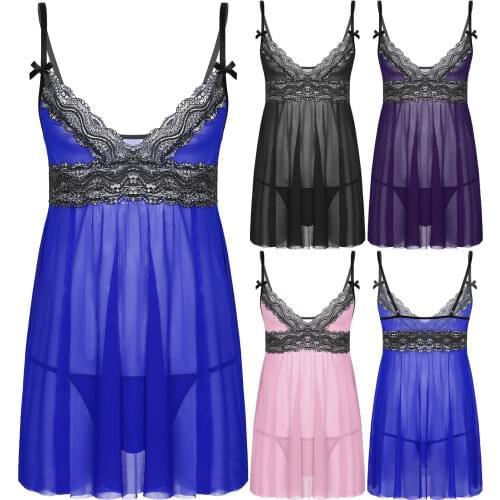 Sexy Lace Dress Sissy Sleepwear Mens Nightdress With Thong Male Underwear Mini Dress for Man Gay Babydoll Seductive Babydolls