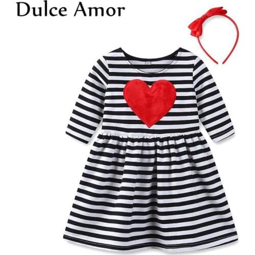 Clearance Girls Dress Baby Girl Clothes Spring Kids Cotton Long Sleeve Love Heart Patch Striped Dress With Headband Wholesale