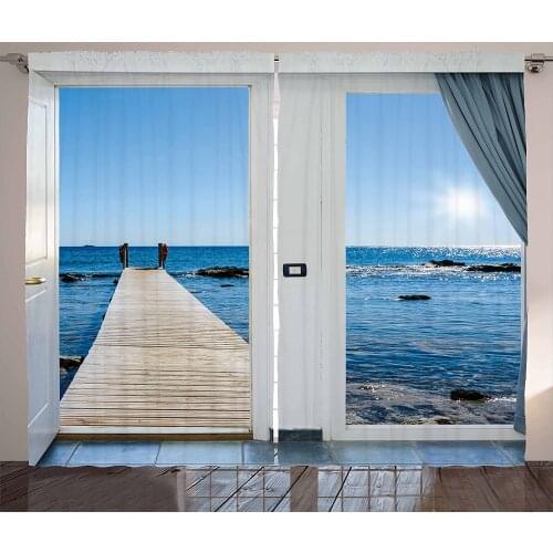 Beach Theme Decor Curtains Coastal Decor Ocean Sea Sunny Scenery with Patio from Window Living Room Bedroom Window Drapes