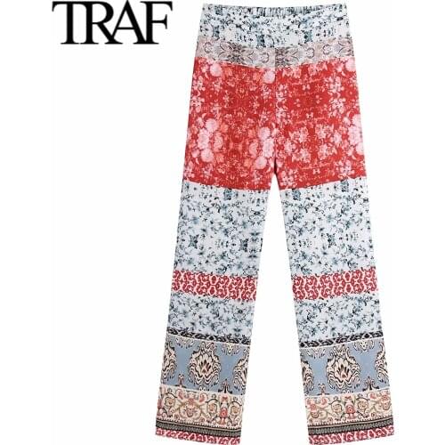 Traf 2021 Summer Women Clothes Vintage Streetwear Pants Wide Leg High Waisted Pants Ladies Goth Printing Full Length Bottoms