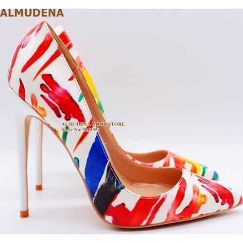 ALMUDENA 12cm White High Heels Mixed Color Dress Pumps Graffiti Printed Wedding Shoes Red Blue Yellow Mixed Color Party Shoes