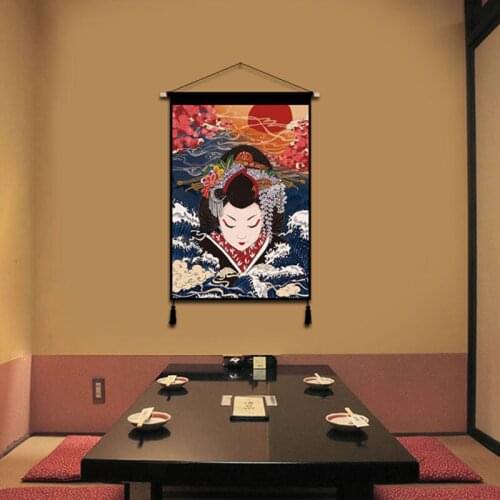 Japanese Ukiyoe Canvas Scroll Painting Art Posters Sushi Restaurant Wall Art Decoration Wood Scroll Hanging Painting Tapestry
