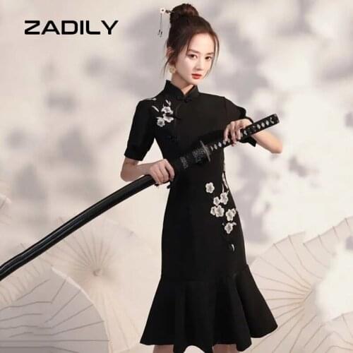 ZADLIY Chic Chinese Style Trumpet Women Floral Dress Short Sleeve Side buttons Ladies Black Mid Dresses 2021 Summer Party Robe