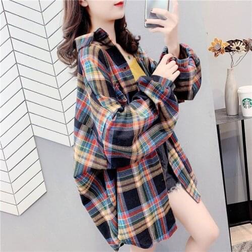 Blouse Women Plaid Retro Spring and Autumn 2020 Long Sleeve Mid-Length Loose Shirt Blusas Ropa De Mujer