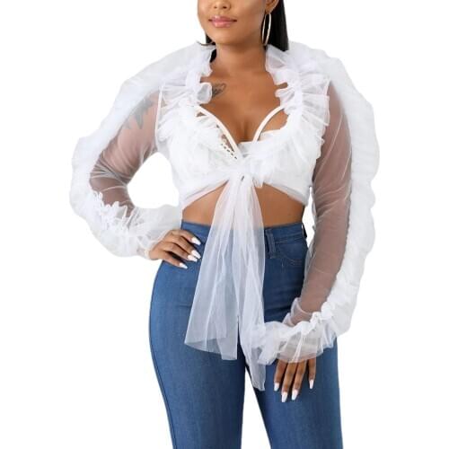 Woman T-shirt Sexy Solid Color Mesh Tops Low-cut Long Sleeve Perspective Lace-up tassel ruffle Cardigan Daily Life T-shirt