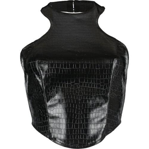 Women PU Leather Crocodile Print Halter Camisole Punk Fashion Party Clubwear Backless Zipper Vest Irregular Crop Top