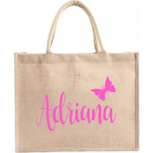 Personalized Burlap Tote Bag with Butterfly Beach Jute Gift Favor Bridesmaid Gift For Her Bridal Party Bag Women Shopping Bag
