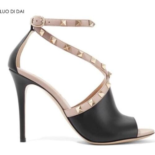 2019 summer women peep toe sandals party shoes cross strap high heels thin heel gladiator sandals gold rivets stilettos