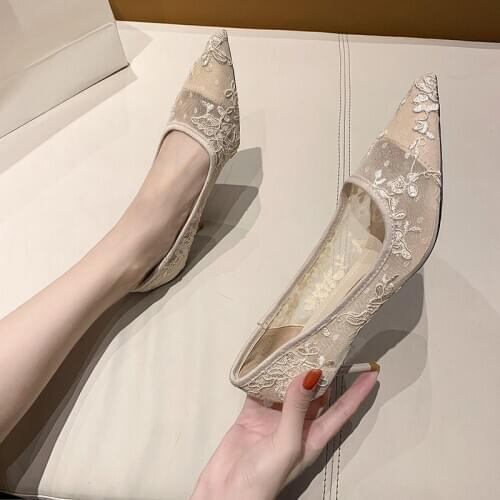 High Heels Women 2021 Spring/Summer New Fashion Sexy Fine-heeled Pointed Designer Lace Mesh Single Shoes Ladies Dress Shoes