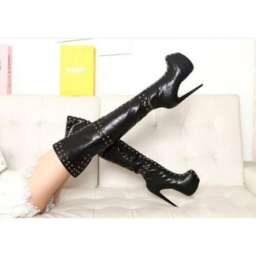 Women thigh high leather boots closed toe rivets platform high heel boots night club party shoes woman for ladies