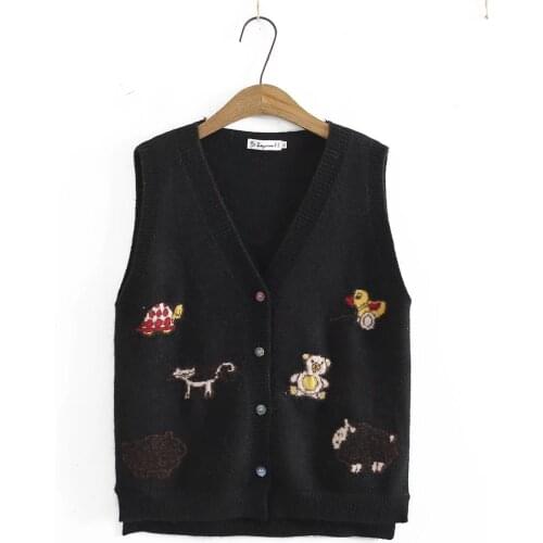 Plus size Cardigan for women 2021 V-Neck oversize vest Sweaters Kawaii cartoon print sleeveless sweater black Womens clothing