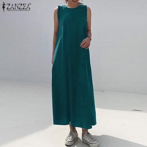 Women Summer Sundress 2021 ZANZEA Kaftan Solid Maxi Dress Sleeveless Beach Vestidos Belted Female Holiday O neck Robe