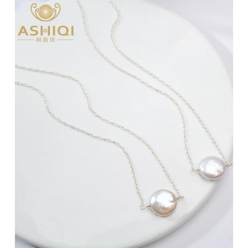 ASHIQI Natural freshwater pearl 925 Sterling Silver Necklace 12-13mm Button shape pearl Jewelry For women