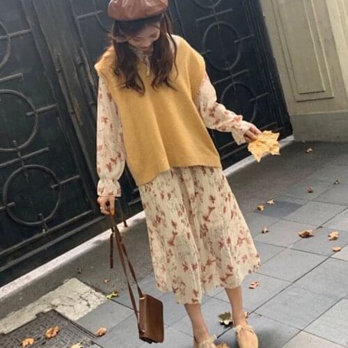 Autumn Winter Womens Pleated Chiffon Floral Long Dress Korean Long Sleeve Two Piece Suit Knitted Vest Slim Streetwear 2pc Set