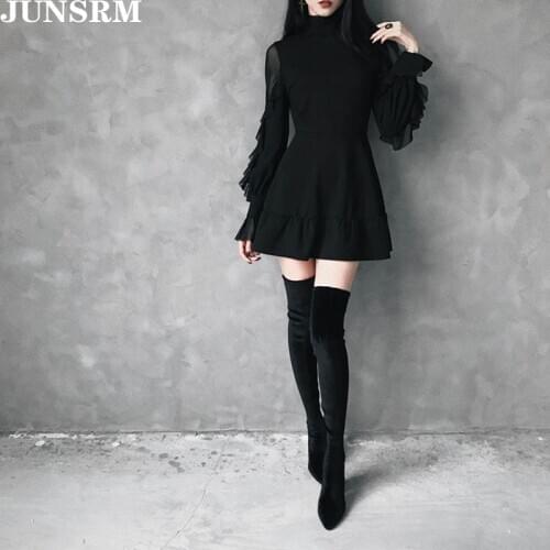 New Arrival 2020 Spring Summer Gothic Punk Mini Dress Women Long Sleeve High Quality Sexy Black Dress Elegant Mesh Splice Dress