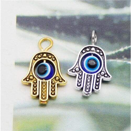 Julie Wang 8PCS Small Fatima Hand Charms Evil Eye Hamsa Hand Pendant Bracelet Alloy Jewelry Making Accessory