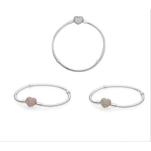 925 Sterling Silver Rose Gold Moments Pave Heart Clasp With Crystal Pan Bracelet Fit Women Charm Diy Jewelry
