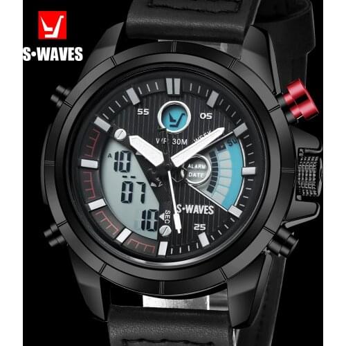 SWAVES Brand Dual Display Watch Men Quartz Waches Leather Waterproof Digital Watch Army Large Electronic Clock Relogio Masculino