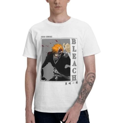Ichigo Kurosaki T-shirt Men Fashion T Shirts Short Sleeve Bleach Anime Japanese Kanji Samurai Tshirts Cotton Tee Top Clothing