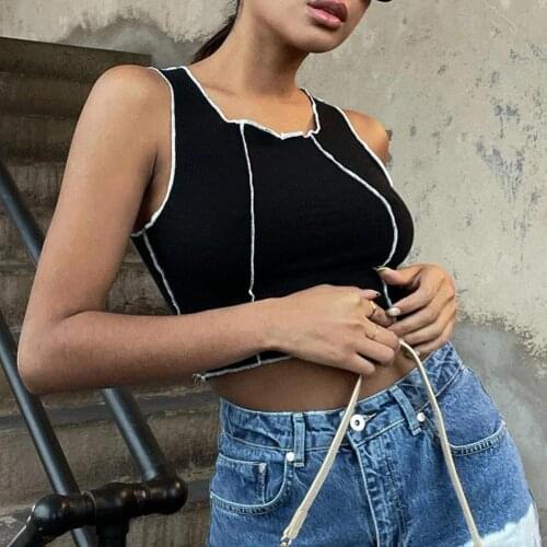 Crop Top Hot Sexy Contrast Color Sleeveless Women Patchwork Round Neck Shoulder Strap Wave Edge Camisole Tops Night Club