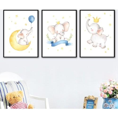 Cartoon Elephant Moon Star Balloon Crown Leaf Wall Art Canvas Painting Nordic Posters And Prints Wall Pictures Kids Room Decor