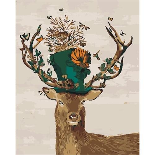 Top Hat Flower Deer Framed Diy Oil Painting By Numbers Wolf Handpainted Gift Coloring By Numbers Animal Picture For Living Room