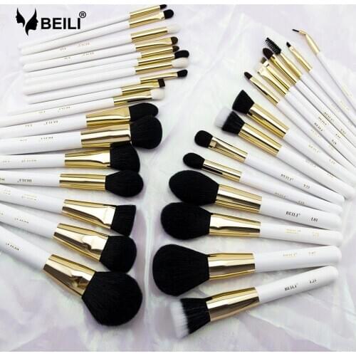 BEILI 32 pieces XGF Goat hair Luxury Professional Makeup brushes set Foundation Powder Blending Concealer Pearl white gold brush