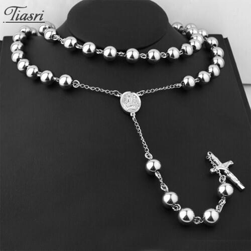 Tiasri Silver Color Necklace Women Cross Pendant Ladies Sweater Chain Stainless Steel Bead Collar Choker on the Neck Jewelry