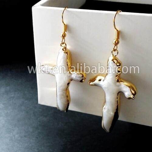 WT-E071 hot sales Cross Fresh Water Pearl earrings with 24k gold trim, mother of pearl cross earrings