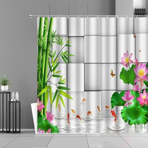 Plant Flower Landscape Shower Curtain Green Bamboo Lotus Flowers Zen Stone Scenery Home Decor Hanging Curtains Screen Waterproof