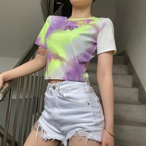 2021 Tie Dye Butterfly Embroidery Crop Top Summer Women Short Sleeve Slim Fit T-shirt Harajuku Streetwear Fashion Tee Shirt