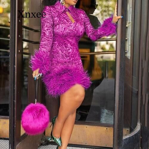 Women Winter Feather Dress Vintage Printed Bodycon African Ladies Long Sleeve Mini Dress Fur Sexy Club Wear Party Big Sizes