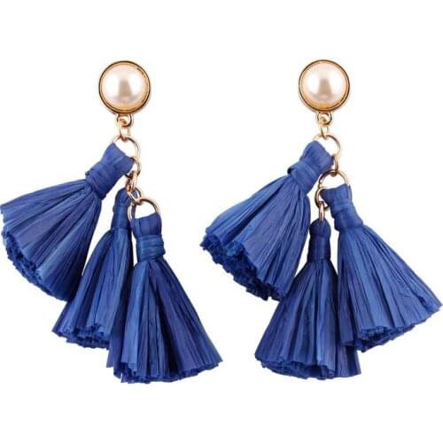 ZWPON 2020 Pearl Raffia Straw Tassel Chandelier Earrings Light Weight Fashion Bohemian Jewelry Dangle Statement Earrings Women