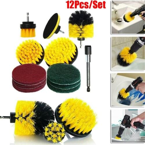 12pcs/set Electric Drill Brush Kit Clean Brush Kit Power Scrubber Cleaning Nylon Brush for Carpet Glass Car Tires Cleaner Tools