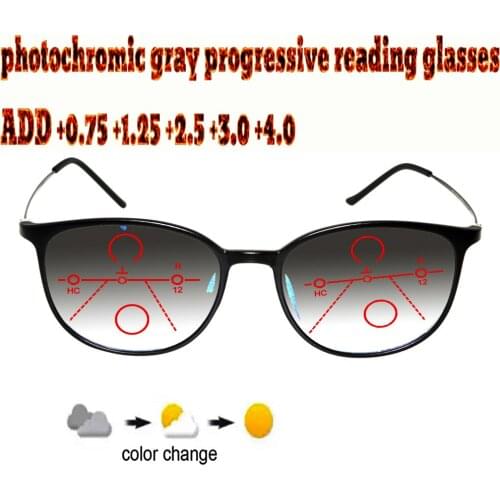 Photochromic Gray Progressive Multifocal Reading Glasses Men Woem Ultralight Black Frame+1.0 +1.5 +1.75 +2.0 +2.5 +3 +3.5 +4