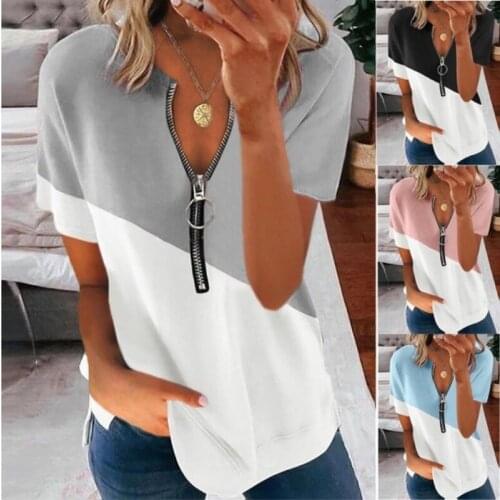 Kuelawear Summer Casual Fashion Hit Color Stitching Printing V-neck Zipper Short-sleeved Shirt Ladies Female T-shirt Cotton Tops