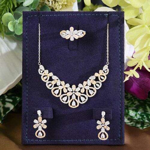 GODKI Flower Charm 3PCS Ring Necklace Earring Set For Women Wedding Party Cubic Zircon CZ Dubai Bridal Jewelry bijoux femme ense