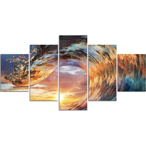 HD Printed 5 Piece Canvas Art Wave Sunset Ocean Seascape Painting christmas wall decoration Free Shipping CU-2586B
