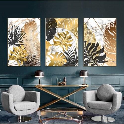 Picture Wall Living Room Bedroom Decor Nordic Style Plant Golden Leaves Canvas Decorative Painting Art Abstract Print