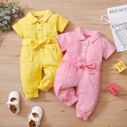 Toddler Girl Jumpsuit Romper Button Pink Pocket Casual Work Clothes One Piece Standing Collar Pocket Short Sleeve Baby Clothes